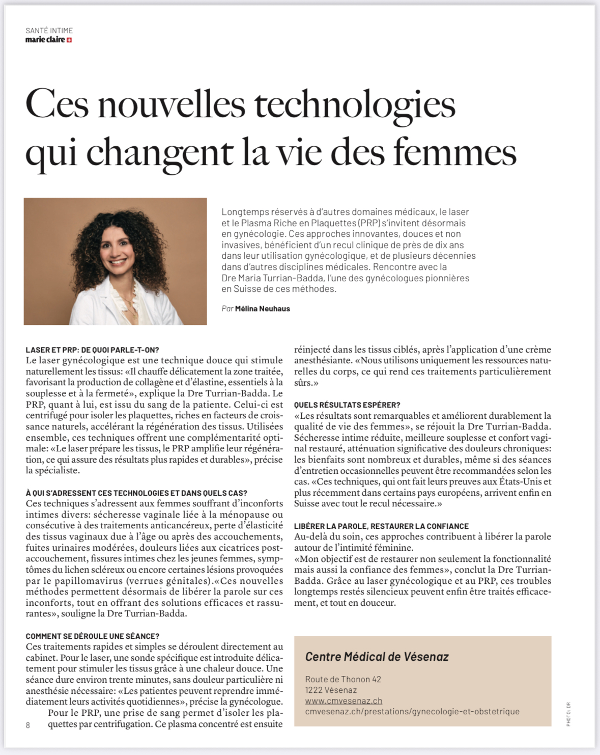 Dre Maria Turrian-Badda gynécologue FMH spécialiste laser gynécologique sécheresse vaginale santé intime Vésenaz Genève
